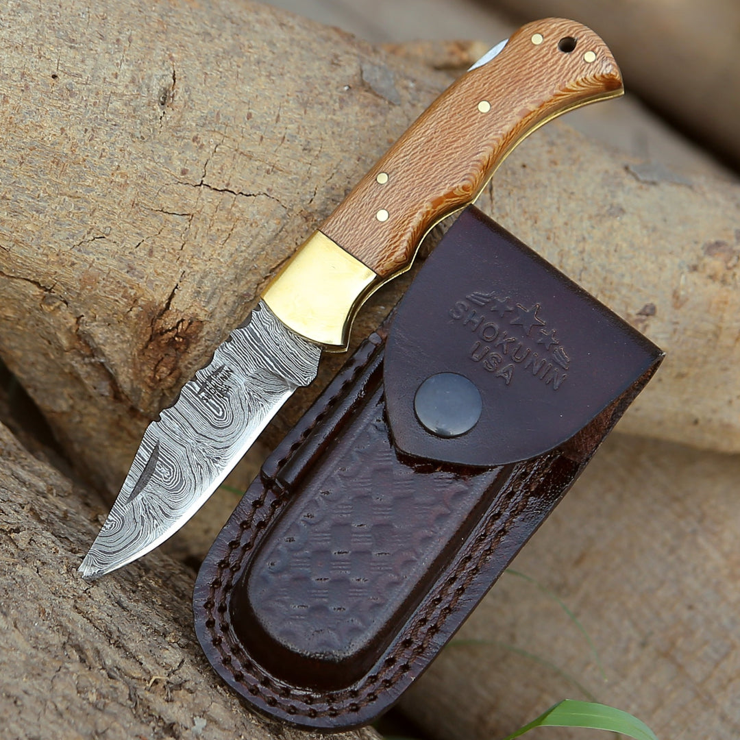 Pocket Knife - Kepler Damascus Pocket Knife with Exotic Leopard Wood Handle - Shokunin USA