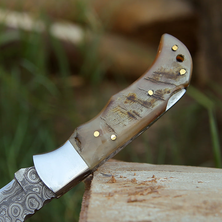 Damascus Knife - Ram Damascus Pocket Knife with Exotic Ram Horn Handle & Leather Sheath - Shokunin USA