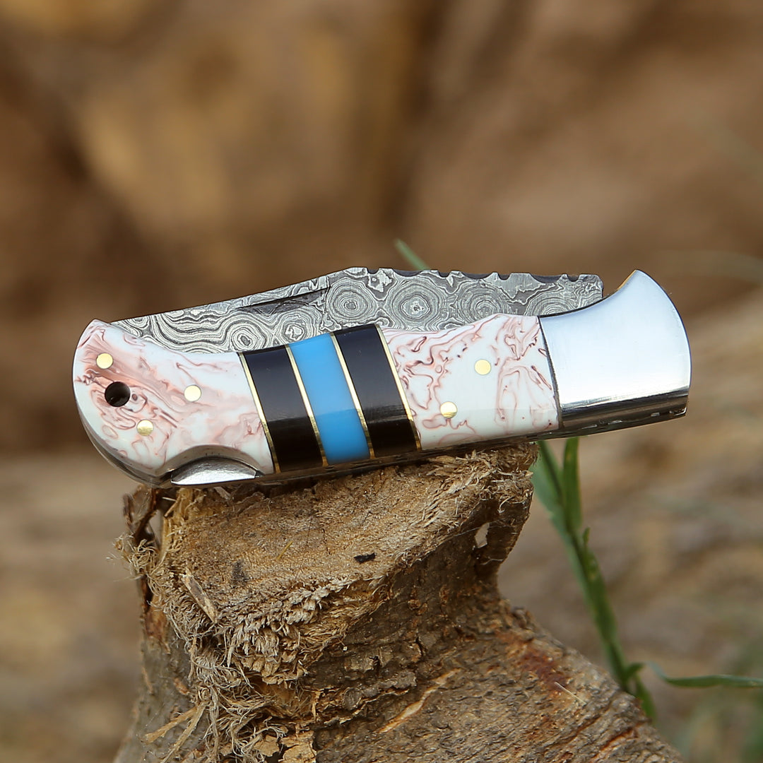 Damascus Knife - Centurion Damascus Pocket Knife with Sheath - Shokunin USA