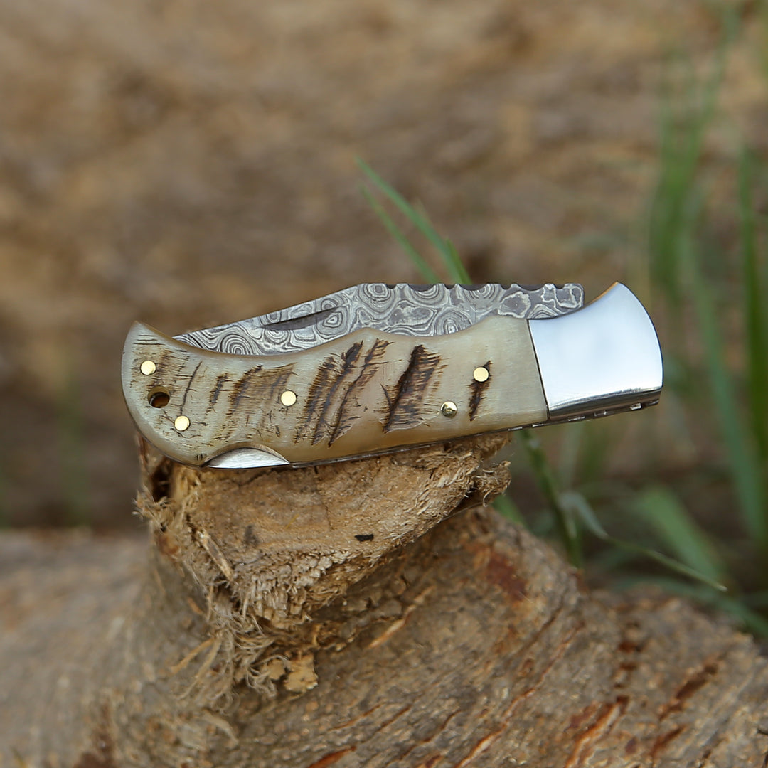 Damascus Knife - Ram Damascus Pocket Knife with Exotic Ram Horn Handle & Leather Sheath - Shokunin USA