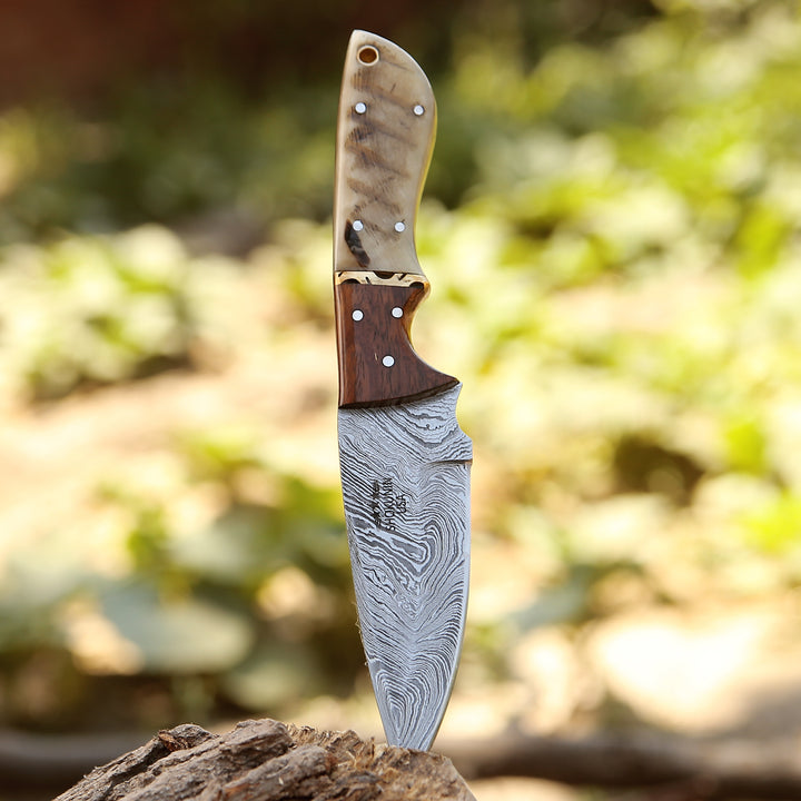 Utility Knife - Starlight Damascus Hunting Knife with Exotic Rosewood & Ram Horn Handle - Shokunin USA