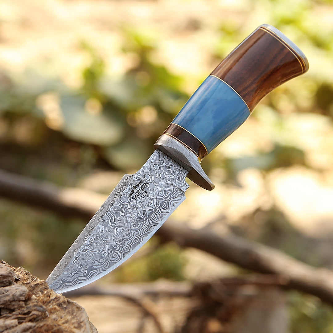 Damascus Knife - Champion Hunting Knife with Exotic Rosewood & Bone Handle - Shokunin USA