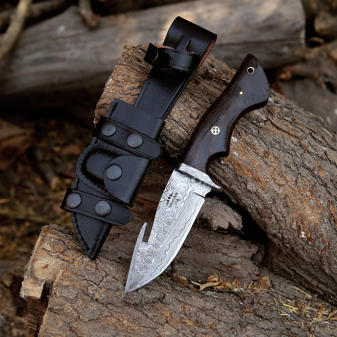 Gut Knife - Captain Damascus Hunting Knife with Gut Hook & Exotic Wenge Wood Handle - Shokunin USA