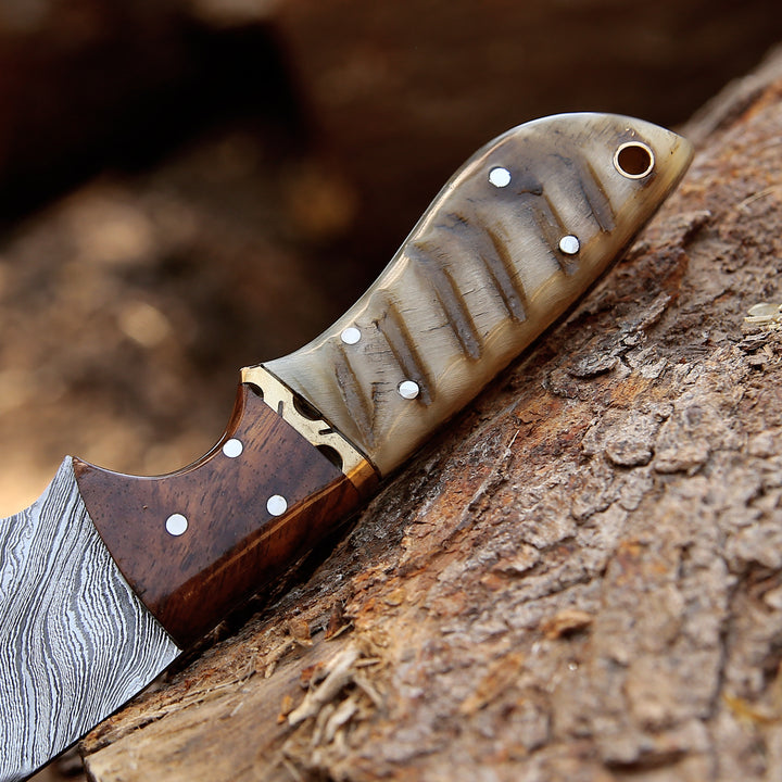 Utility Knife - Starlight Damascus Hunting Knife with Exotic Rosewood & Ram Horn Handle - Shokunin USA