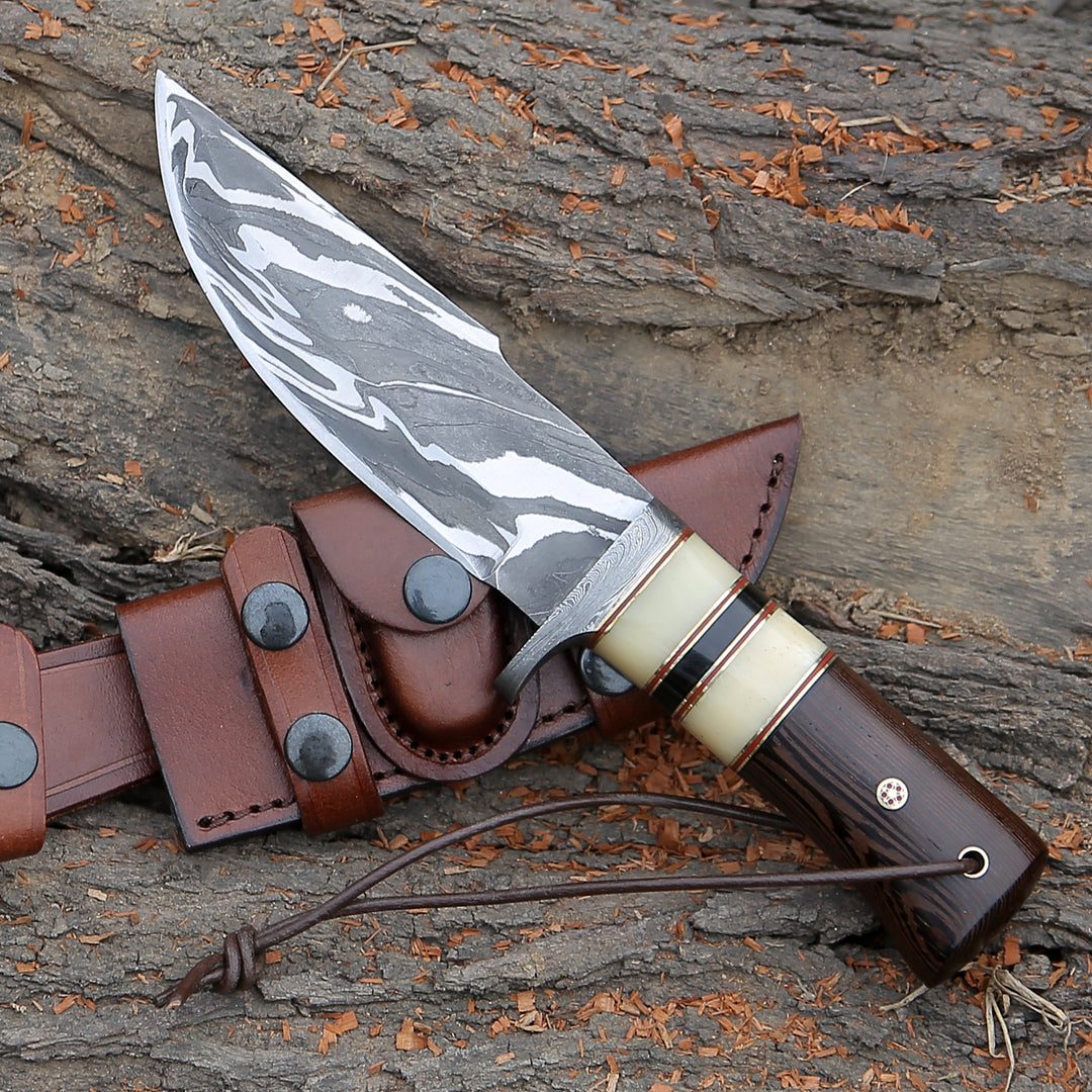 Camp Knife - Nova Damascus Hunting Knife with Bone & Exotic Wenge Wood Handle - Shokunin USA