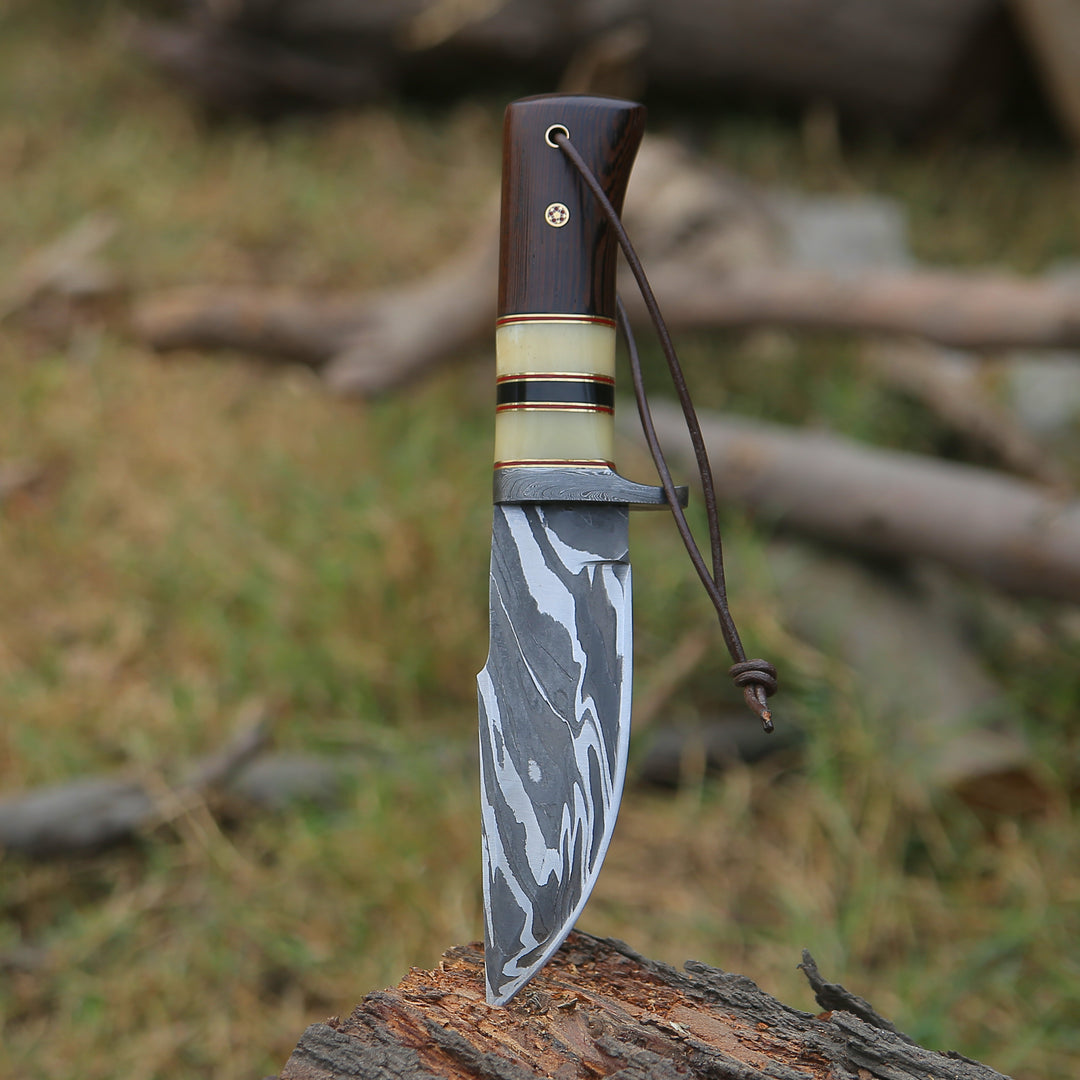 Camp Knife - Nova Damascus Hunting Knife with Bone & Exotic Wenge Wood Handle - Shokunin USA