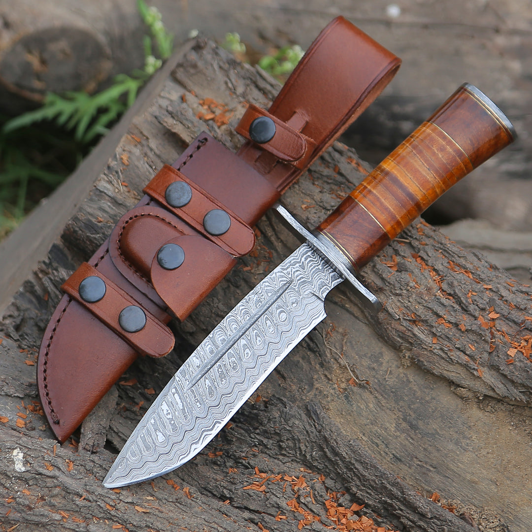 Utility Knife - Rambo Damascus Bowie Knife with Exotic Rosewood & Stacked Leather Handle - Shokunin USA