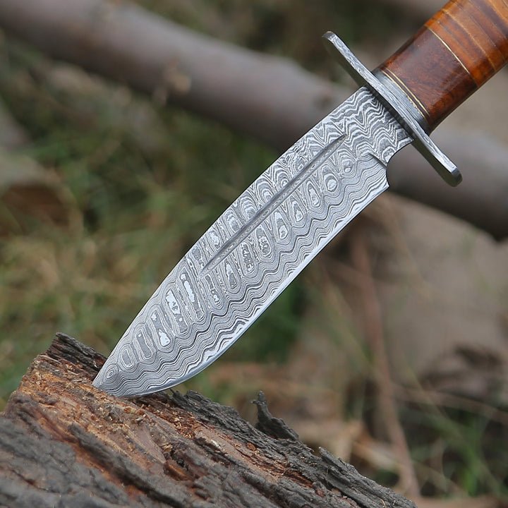 Bowie Knife Leather - Rambo Bowie Knife with Exotic Rosewood &amp; Stacked Leather Handle - Shokunin USA