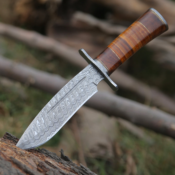 Bowie Knives Leather - Rambo Bowie Knife with Exotic Rosewood &amp; Stacked Leather Handle - Shokunin USA