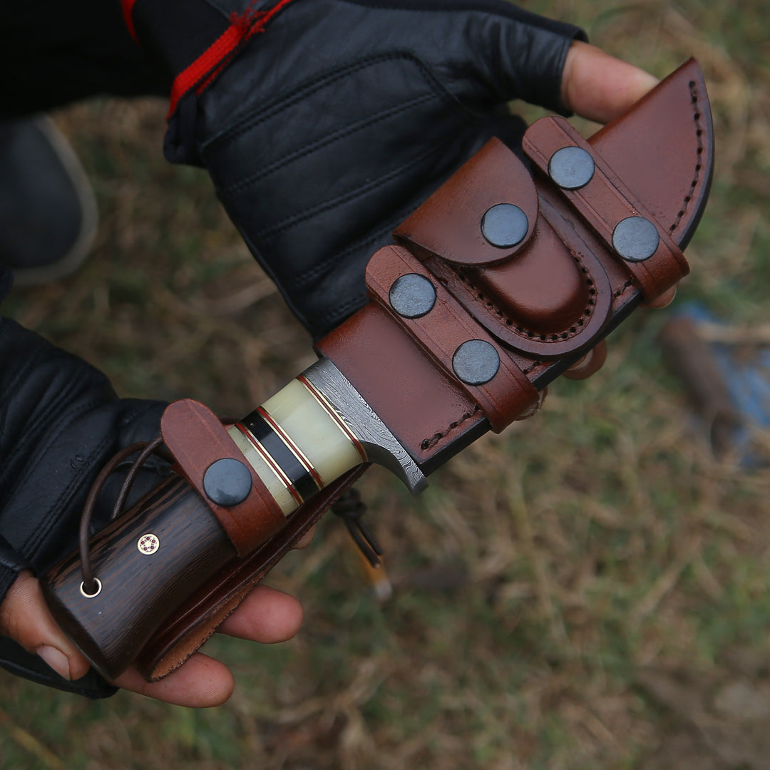 Camp Knife - Nova Damascus Hunting Knife with Bone & Exotic Wenge Wood Handle - Shokunin USA