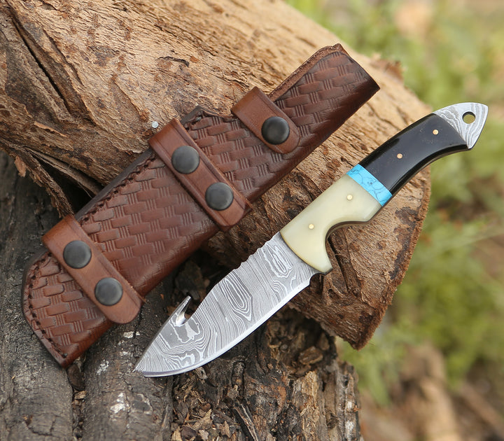 Gut Hook Fishing Knife - Synapse Damascus Hunting Knife with Gut Hook Horn & Turquoise Handle - Shokunin USA