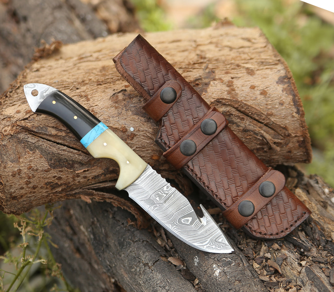 Gut Hook Fishing Knife - Synapse Damascus Hunting Knife with Gut Hook Horn & Turquoise Handle - Shokunin USA