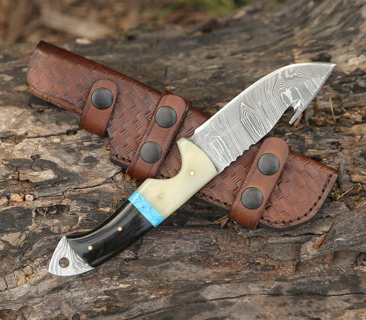 Gut Hook Fishing Knife - Synapse Damascus Hunting Knife with Gut Hook Horn & Turquoise Handle - Shokunin USA