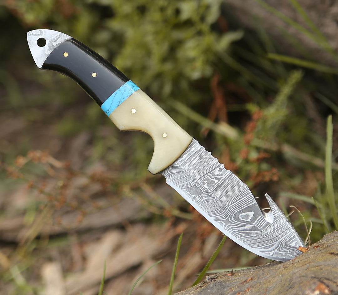 Gut Hook Fishing Knife - Synapse Damascus Hunting Knife with Gut Hook Horn & Turquoise Handle - Shokunin USA