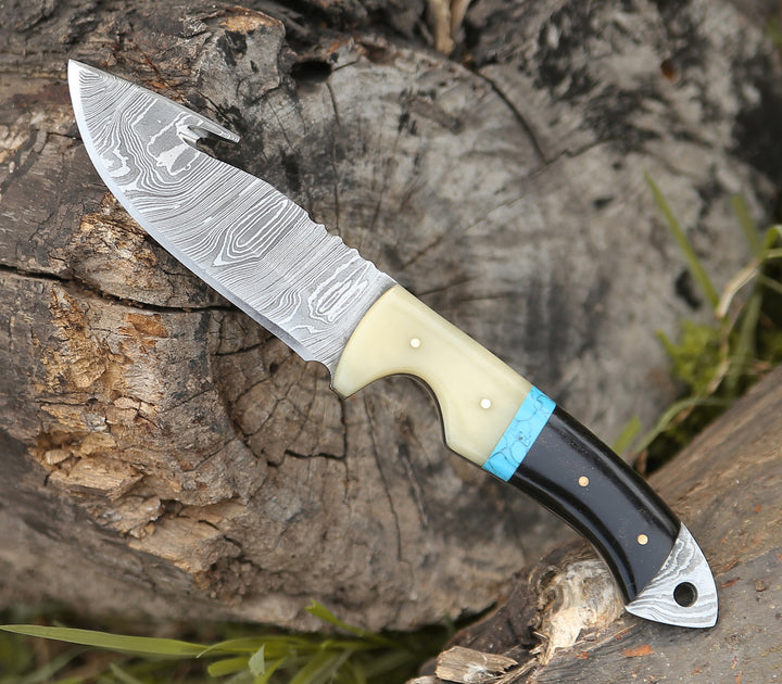 Gut Hook Fishing Knife - Synapse Damascus Hunting Knife with Gut Hook Horn & Turquoise Handle - Shokunin USA