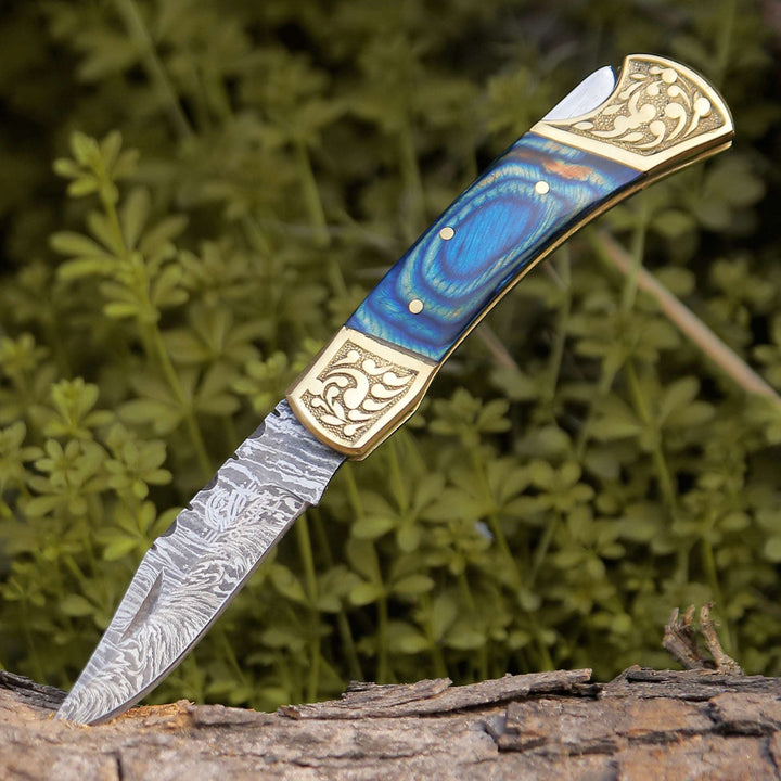 Gentleman's folder with case - Expedition Damascus Folding Pocket Knife with Pakka Wood Handle Blue - Shokunin USA