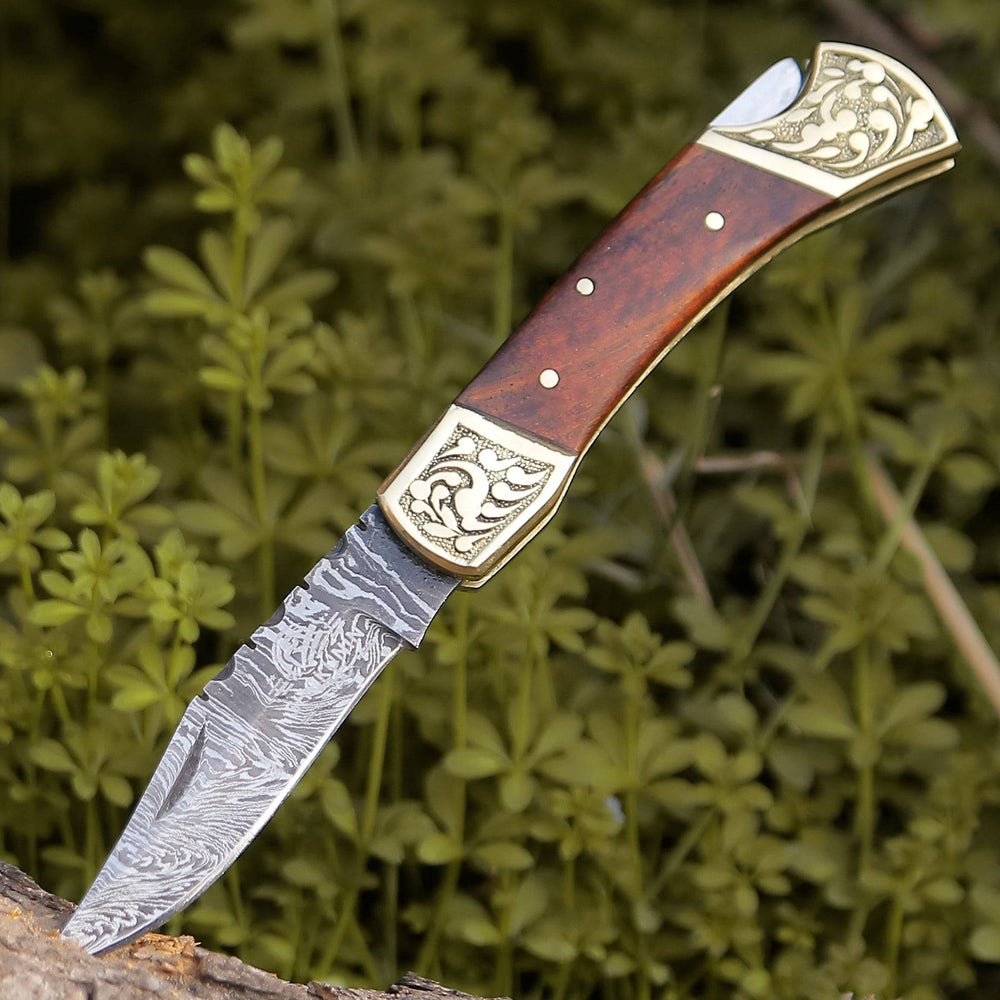 Gentleman's folder with case - Expedition Damascus Folding Hunting Knife with Pakka Wood Handle - Shokunin USA