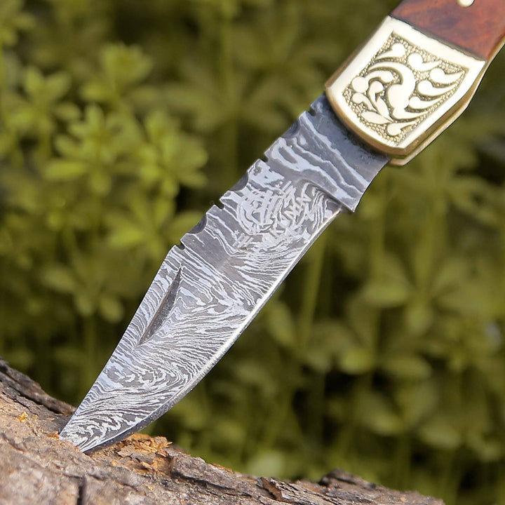 Gentleman's folder with case - Expedition Gentlemans Damascus Pocket Knife with Pakka Wood Handle - Shokunin USA