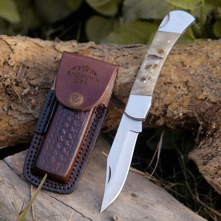 Pocket knife - Handmade Custom Pocket Knife with Ram Horn Handle & Sheath Personalized - Shokunin USA