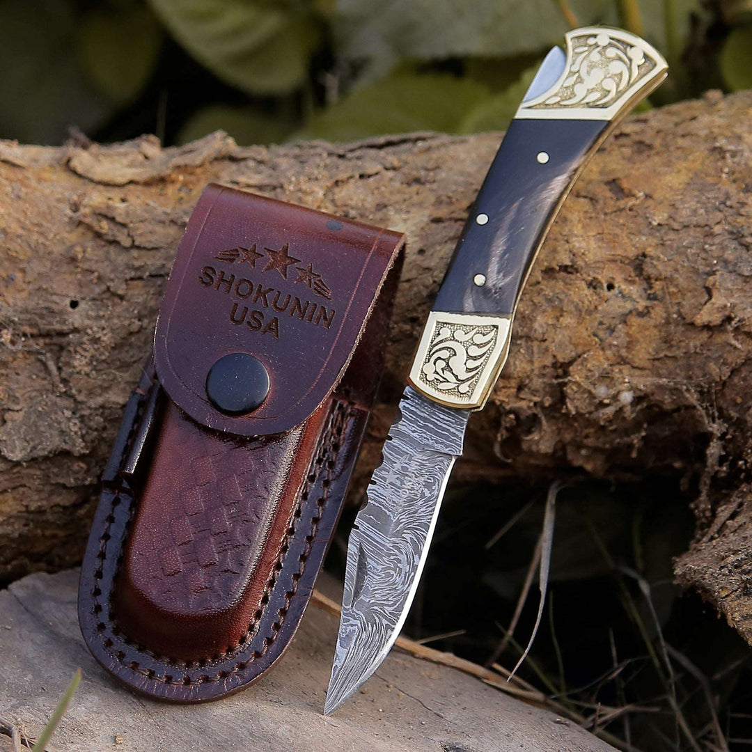 Gentleman's folder with case - Expedition Damascus Pocket Knife with Pakka Wood Handle - Shokunin USA