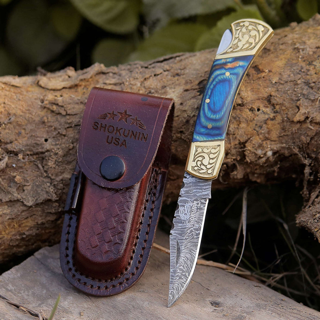 Gentleman's folder with case - Expedition Damascus Folding Pocket Knife with Pakka Wood Handle Blue - Shokunin USA