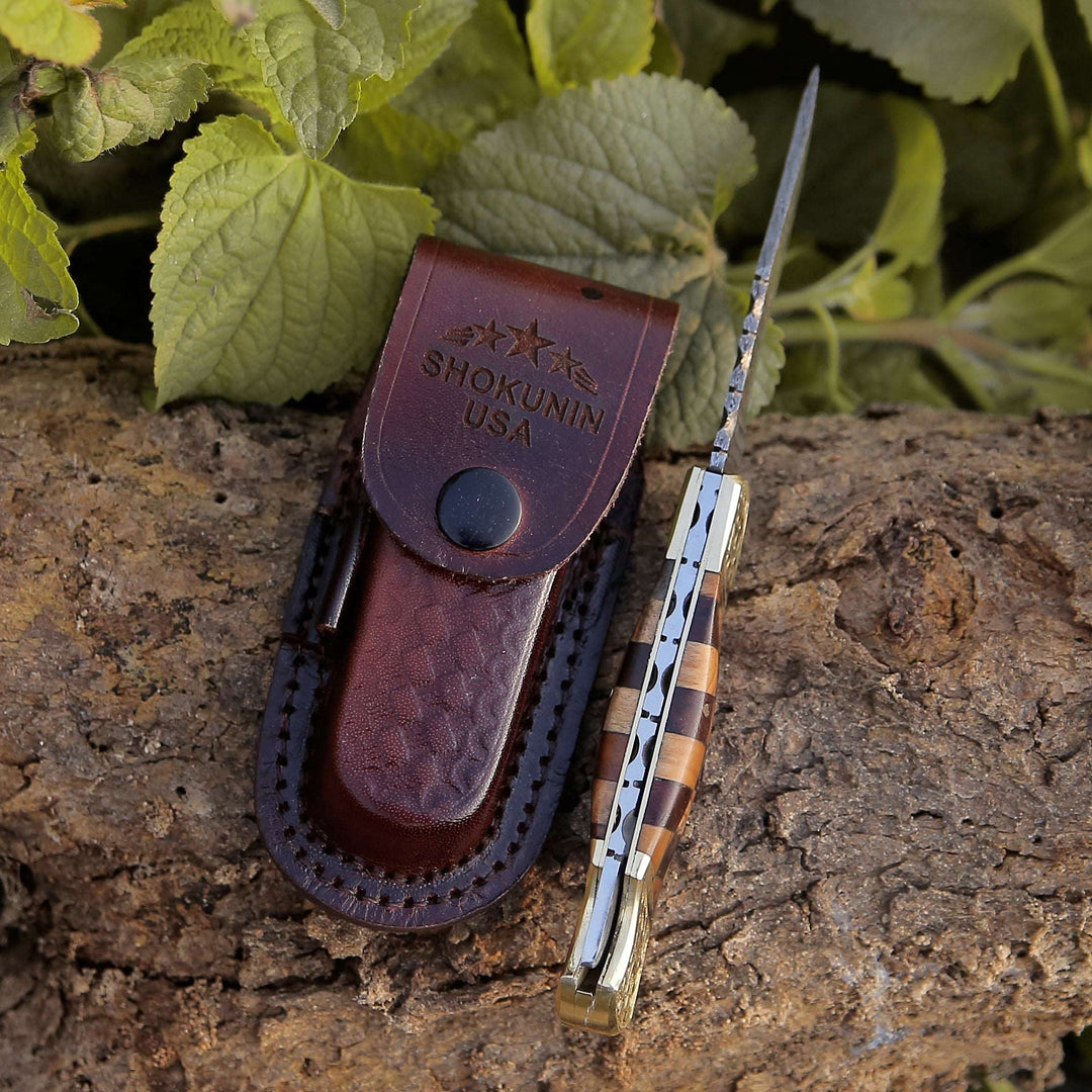 Gentleman's folder with case - Expedition Gentlemans Damascus Pocket Knife with Pakka Wood Handle - Shokunin USA