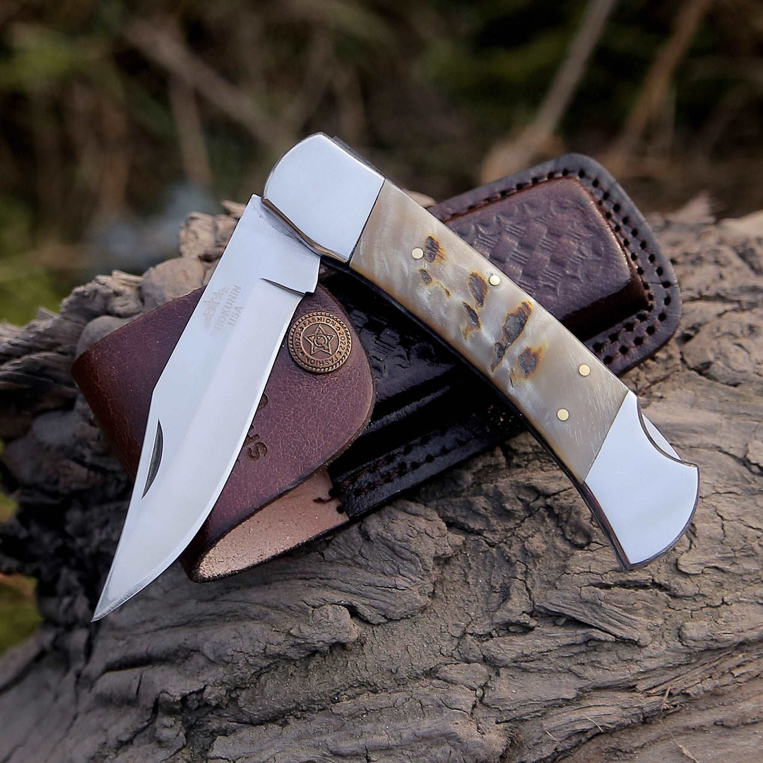 Pocket knife - Handmade Custom Pocket Knife with Ram Horn Handle & Sheath Personalized - Shokunin USA