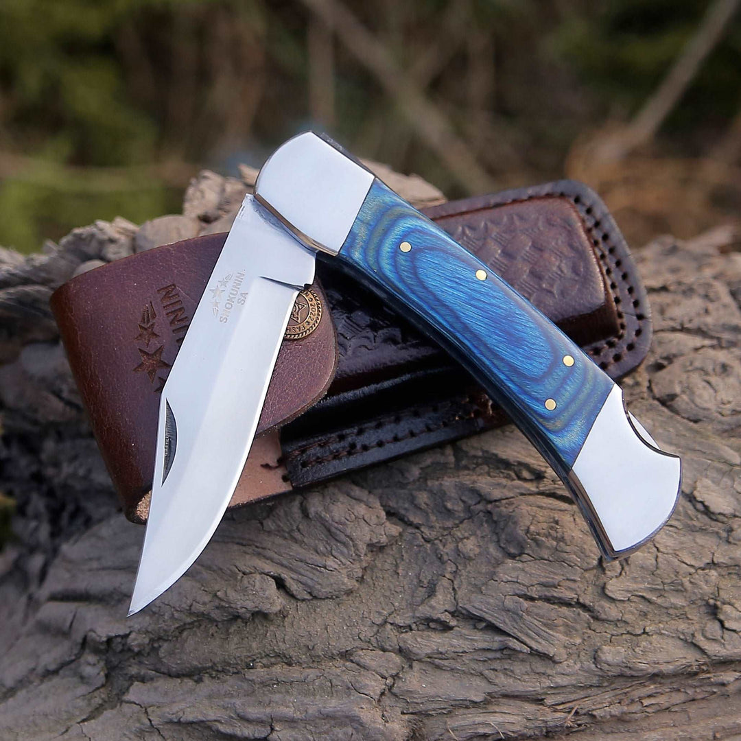 Pocket knife - Handmade Custom Pocket Knife with Diamond Wood Handle & Sheath Personalized - Shokunin USA