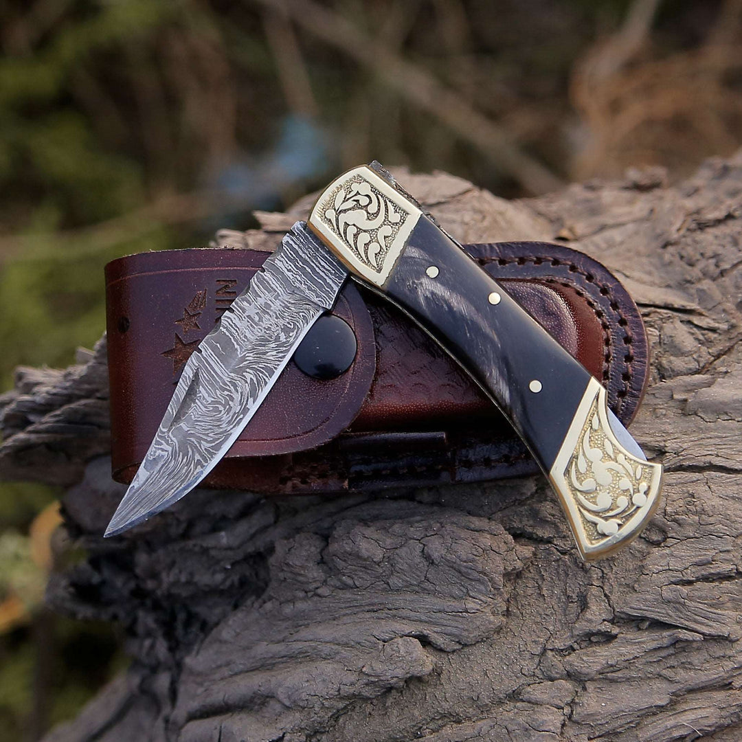 Gentleman's folder with case - Expedition Damascus Pocket Knife with Pakka Wood Handle - Shokunin USA