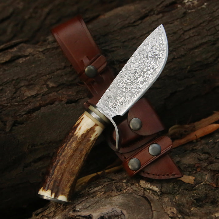 Utility Knife - Serpent Damascus Hunting Knife with Antler Handle - Shokunin USA