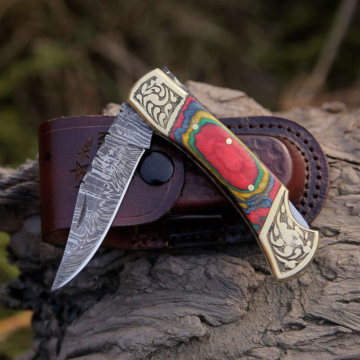 Gentleman's folder with case - Expedition Damascus Folding Pocket Knife with Pakka Wood Handle - Shokunin USA