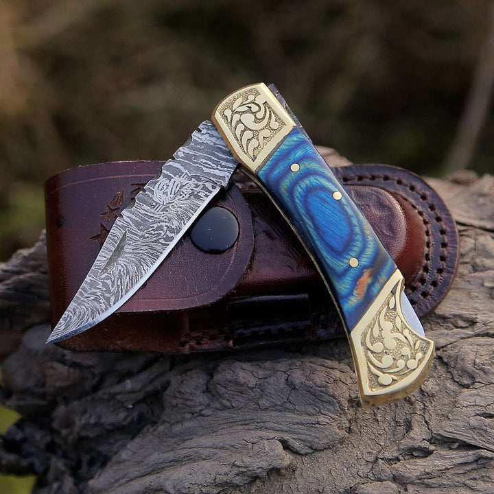 Gentleman's folder with case - Expedition Damascus Folding Pocket Knife with Pakka Wood Handle Blue - Shokunin USA