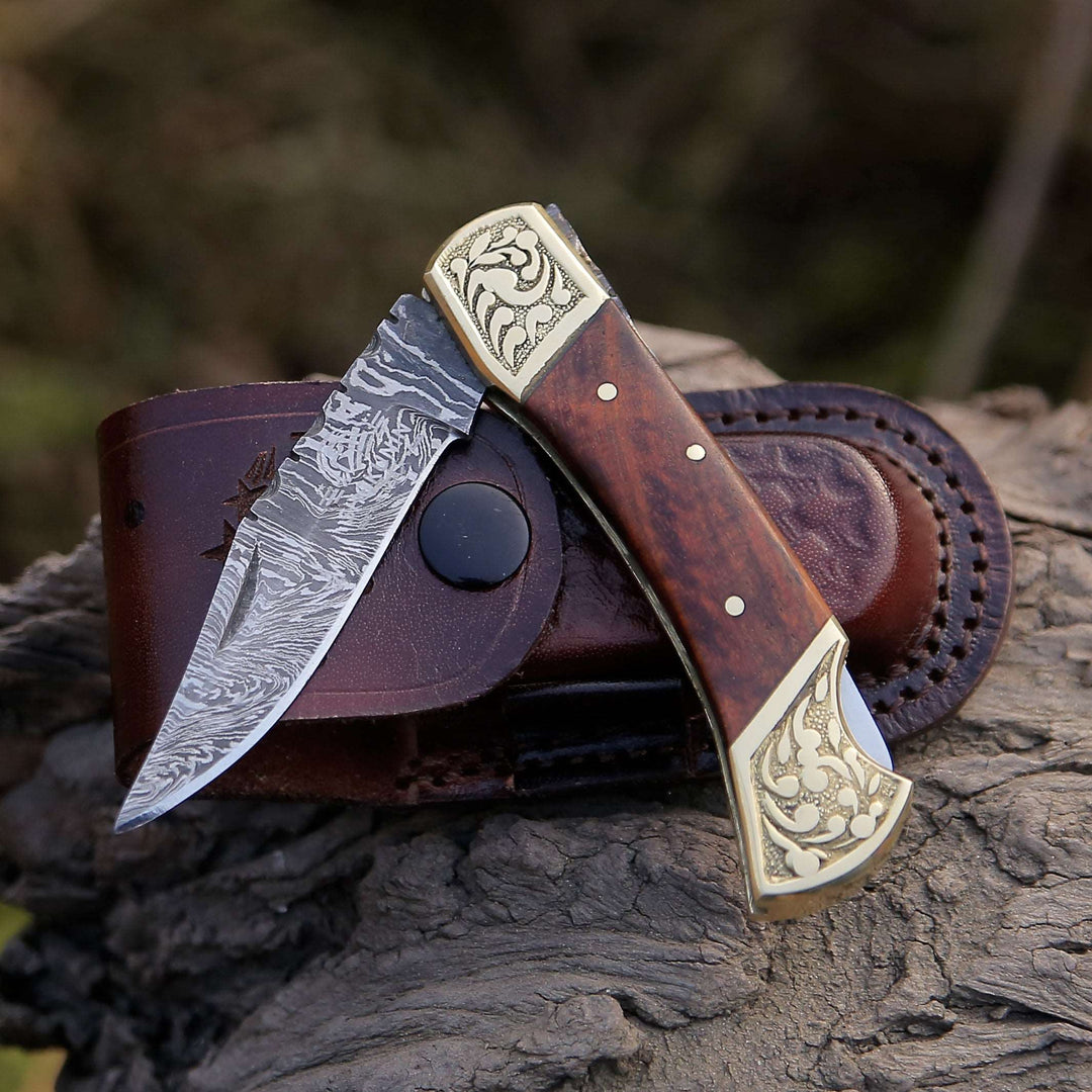 Gentleman's folder with case - Expedition Damascus Folding Hunting Knife with Pakka Wood Handle - Shokunin USA