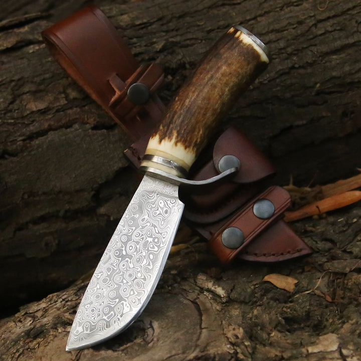 Utility Knife - Serpent Damascus Hunting Knife with Antler Handle - Shokunin USA