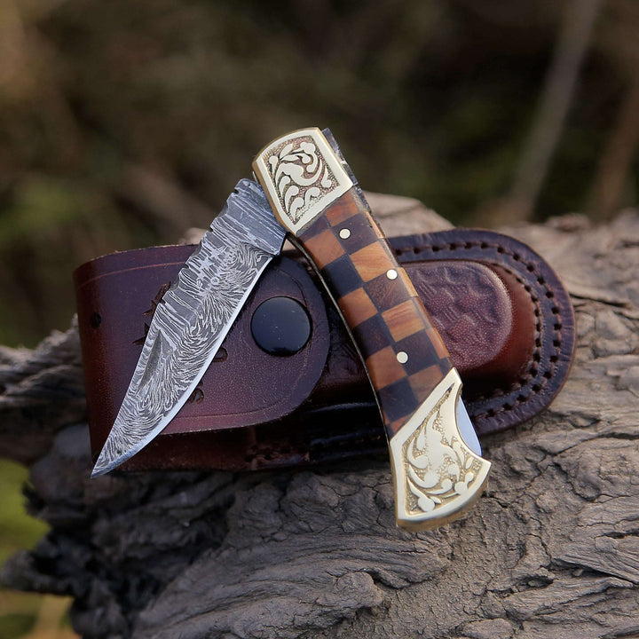 Gentleman's folder with case - Expedition Gentlemans Damascus Pocket Knife with Pakka Wood Handle - Shokunin USA