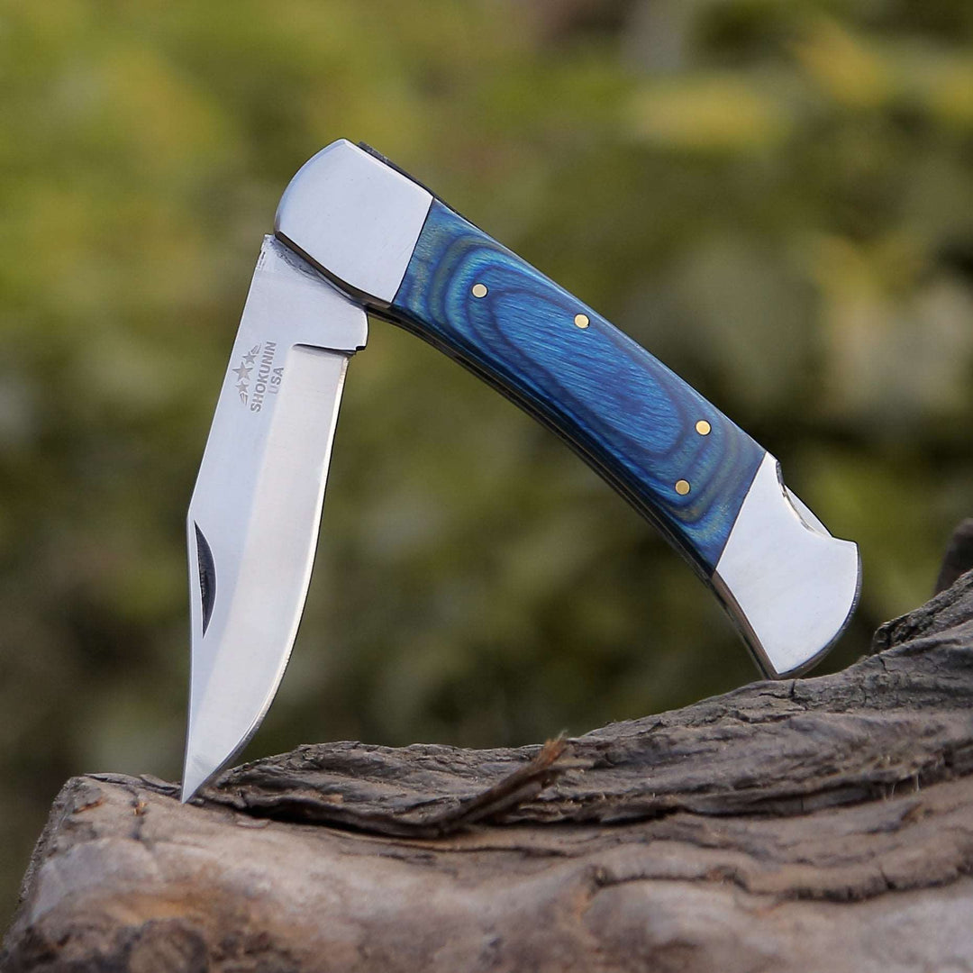 Pocket knife - Handmade Custom Pocket Knife with Diamond Wood Handle & Sheath Personalized - Shokunin USA