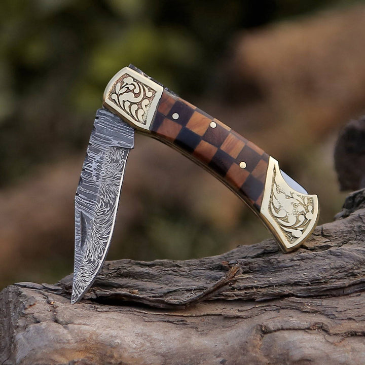 Gentleman's folder with case - Expedition Gentlemans Damascus Pocket Knife with Pakka Wood Handle - Shokunin USA