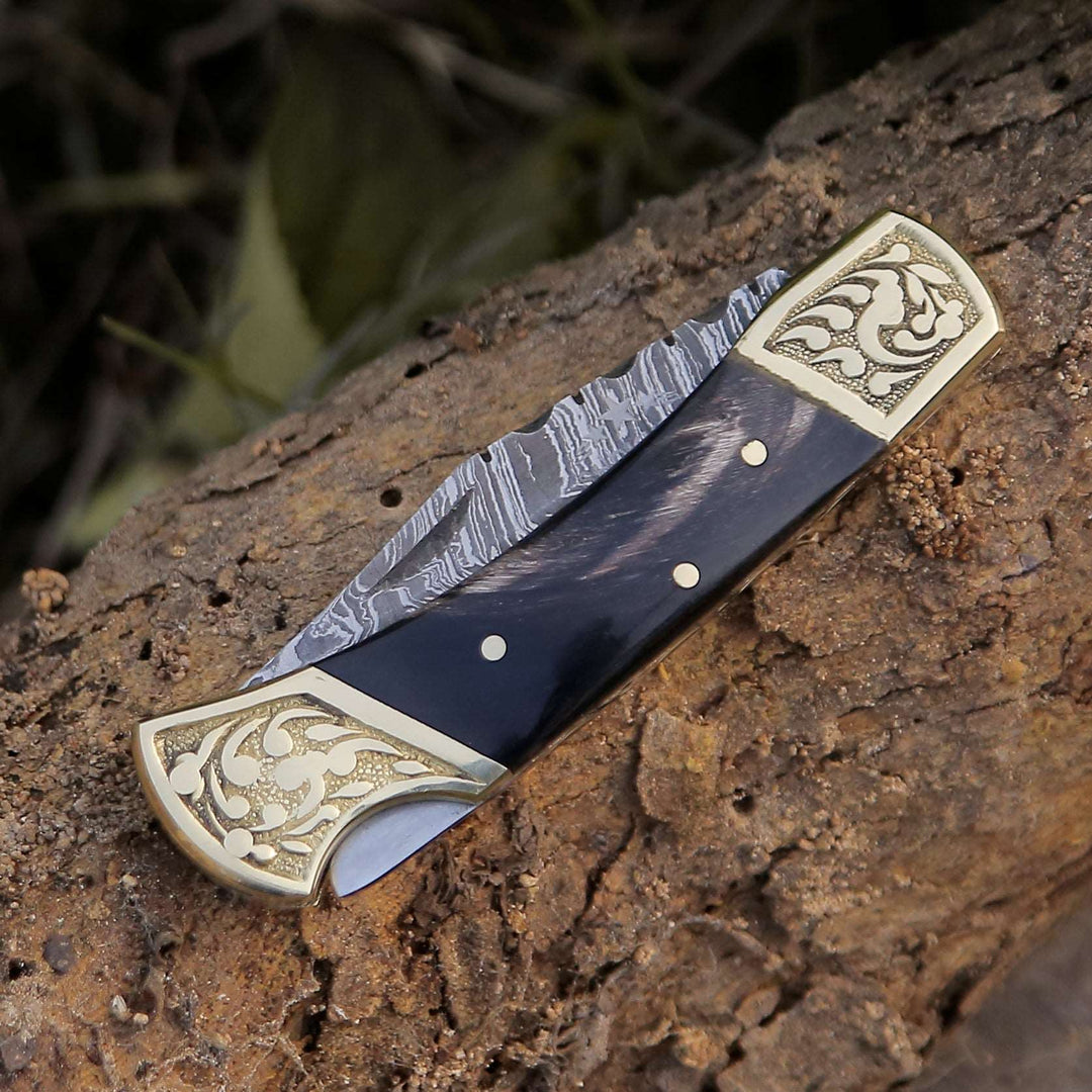 Gentleman's folder with case - Expedition Damascus Pocket Knife with Pakka Wood Handle - Shokunin USA