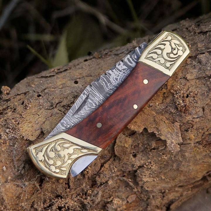 Gentleman's folder with case - Expedition Damascus Folding Hunting Knife with Pakka Wood Handle - Shokunin USA