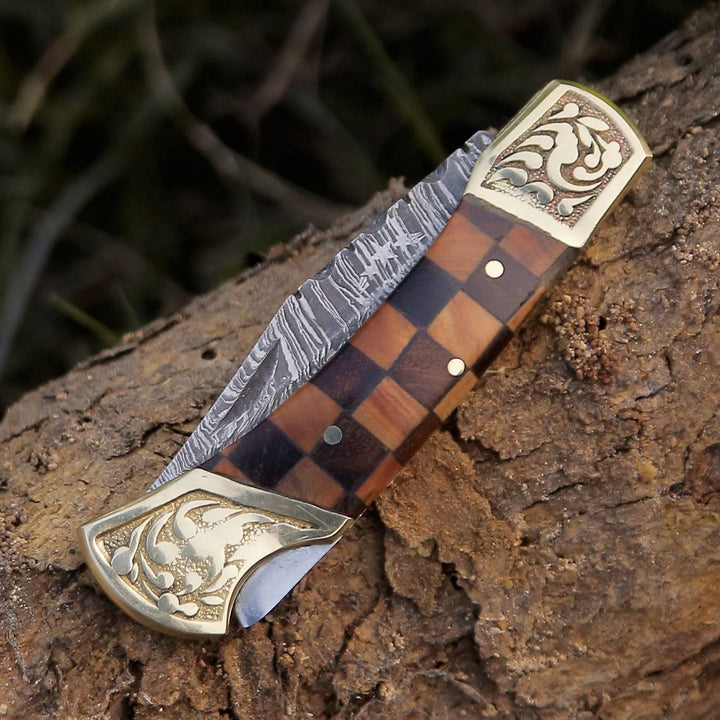 Gentleman's folder with case - Expedition Gentlemans Damascus Pocket Knife with Pakka Wood Handle - Shokunin USA