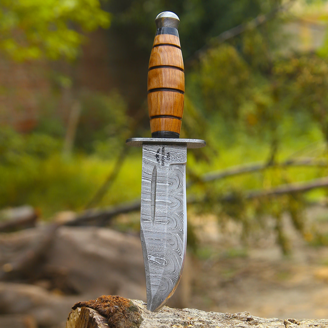 Decorative knife with a wooden handle on a log in a forest setting