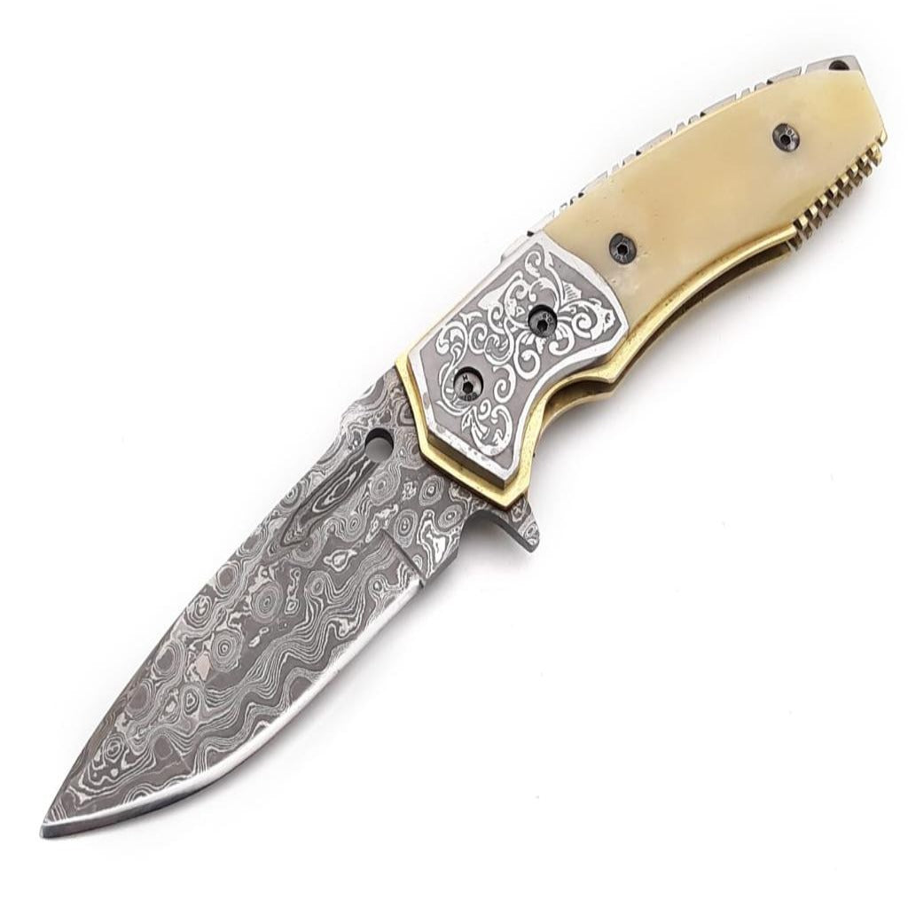 Damascus Knife - Trailblazer Damascus Pocket Knife with Bone Handle - Shokunin USA