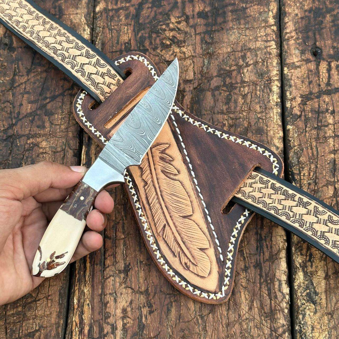 Fixed blade knife. - Prairie Damascus Skinner Knife with Hand tooled Sheath &amp; Belt - Shokunin USA
