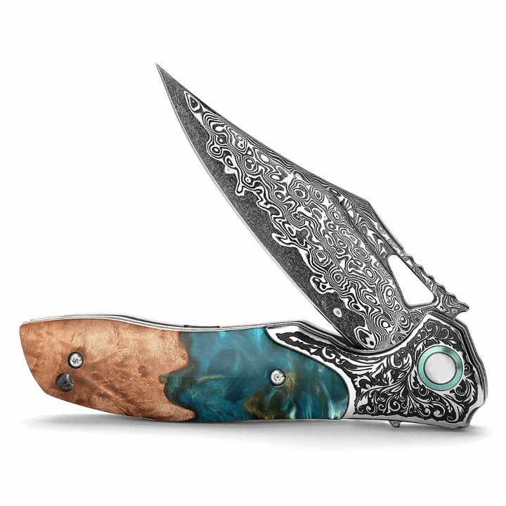 Pocket Knife - Ares VG10 Damascus Pocket Knife with Olive Burl Wood & Resin Handle - Shokunin USA