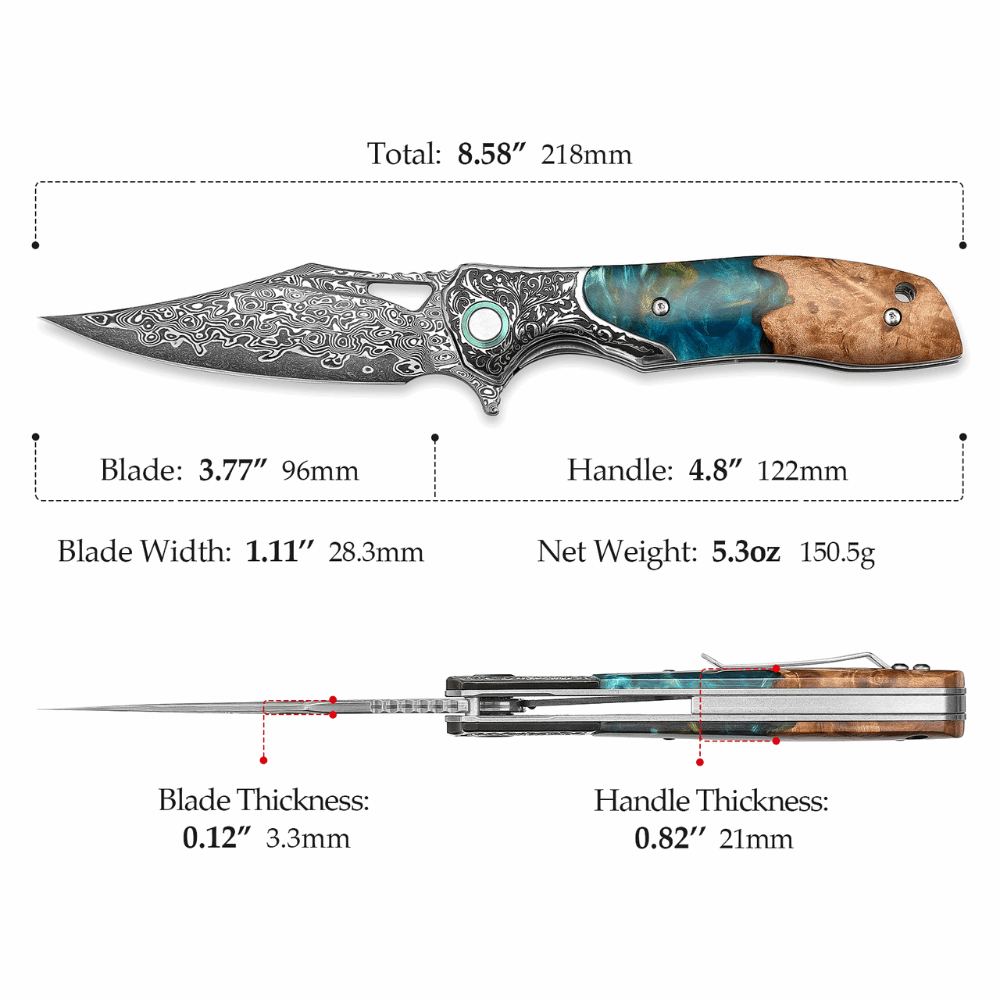 Pocket Knife - Ares VG10 Damascus Pocket Knife with Olive Burl Wood & Resin Handle - Shokunin USA