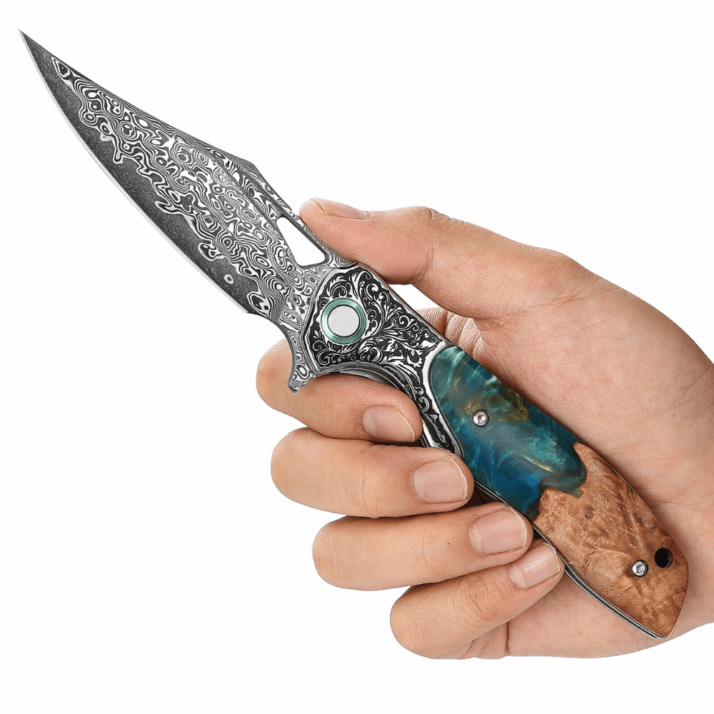 Pocket Knife - Ares VG10 Damascus Pocket Knife with Olive Burl Wood & Resin Handle - Shokunin USA