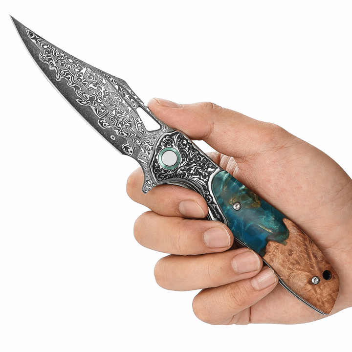 Pocket Knife - Ares VG10 Damascus Pocket Knife with Olive Burl Wood & Resin Handle - Shokunin USA