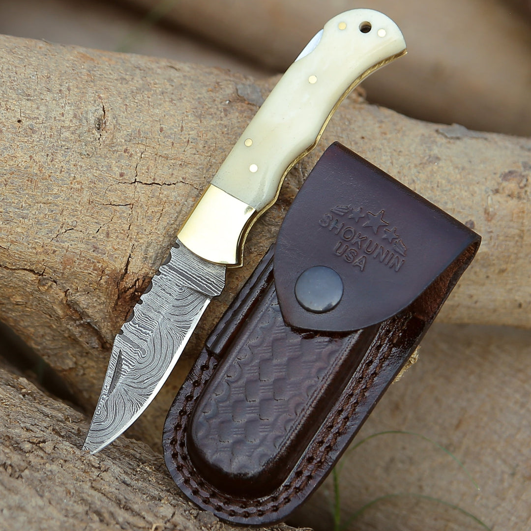 Damascus Knife - Cosmo Handmade Damascus Pocket Knife with Bone Handle - Shokunin USA