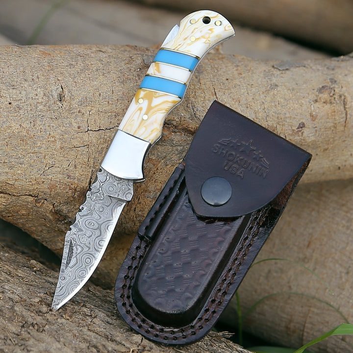 Damascus Knife - Orion Damascus Pocket Knife with Resin Handle - Shokunin USA