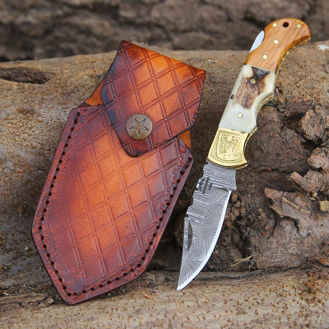 Echo Damascus Pocket Knife with Stag Horn/Antler &amp; Olivewood Handle